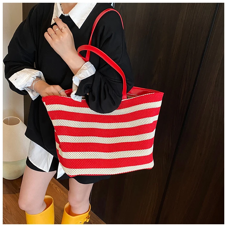高级感黑白条纹托特包编织大容量单肩女包懒惰风轻便度假包购物袋