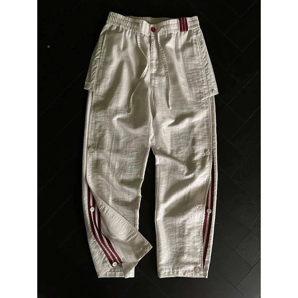 轻奢美式高街休闲裤男薄款潮流网眼拼接三条杠长裤青年运动直筒裤