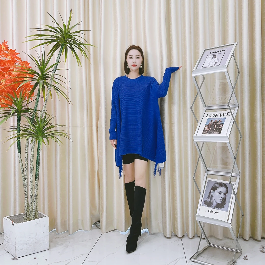 A264克莱因蓝流苏款气质秋冬轻奢针织连衣裙时尚复古