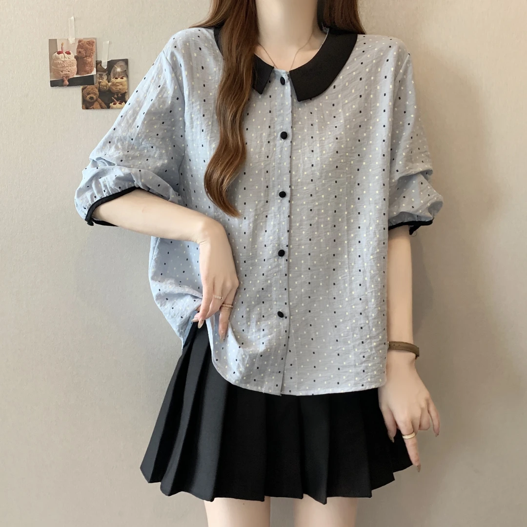 大码撞色波点短袖衬衫女夏季新款衬衣微胖MM遮肉显瘦减龄小衫上衣