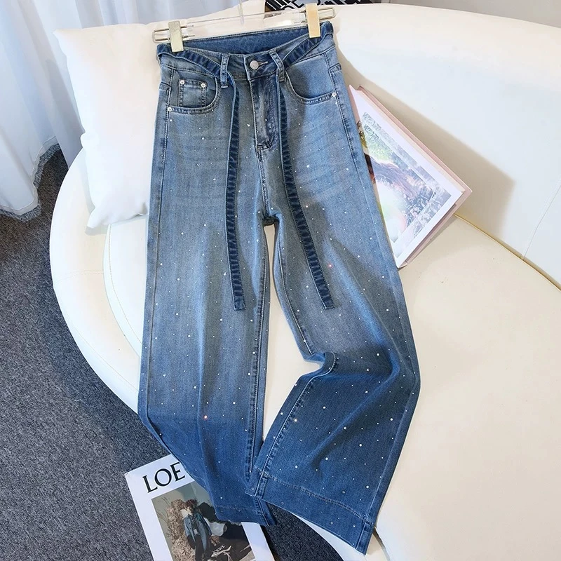 现货✈️+运费险】满天星烫钻渐变时尚阔夏季薄款宽松小个子牛仔裤