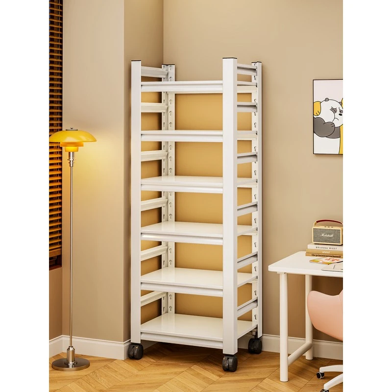 钢制书架可移动带轮落地多层置物架一体靠墙儿童书柜铁艺收纳架子