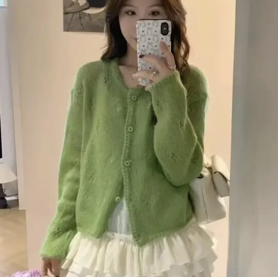 【运补4-6】韩系温柔风镂空针织衫女2025春季新款短款百搭长袖开衫