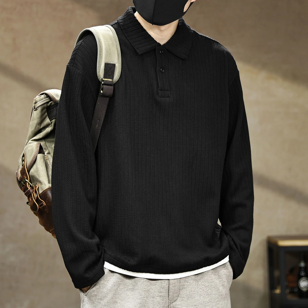 重磅330g假两件polo衫男宽松休闲复古百搭翻领3D提花针织长袖卫衣