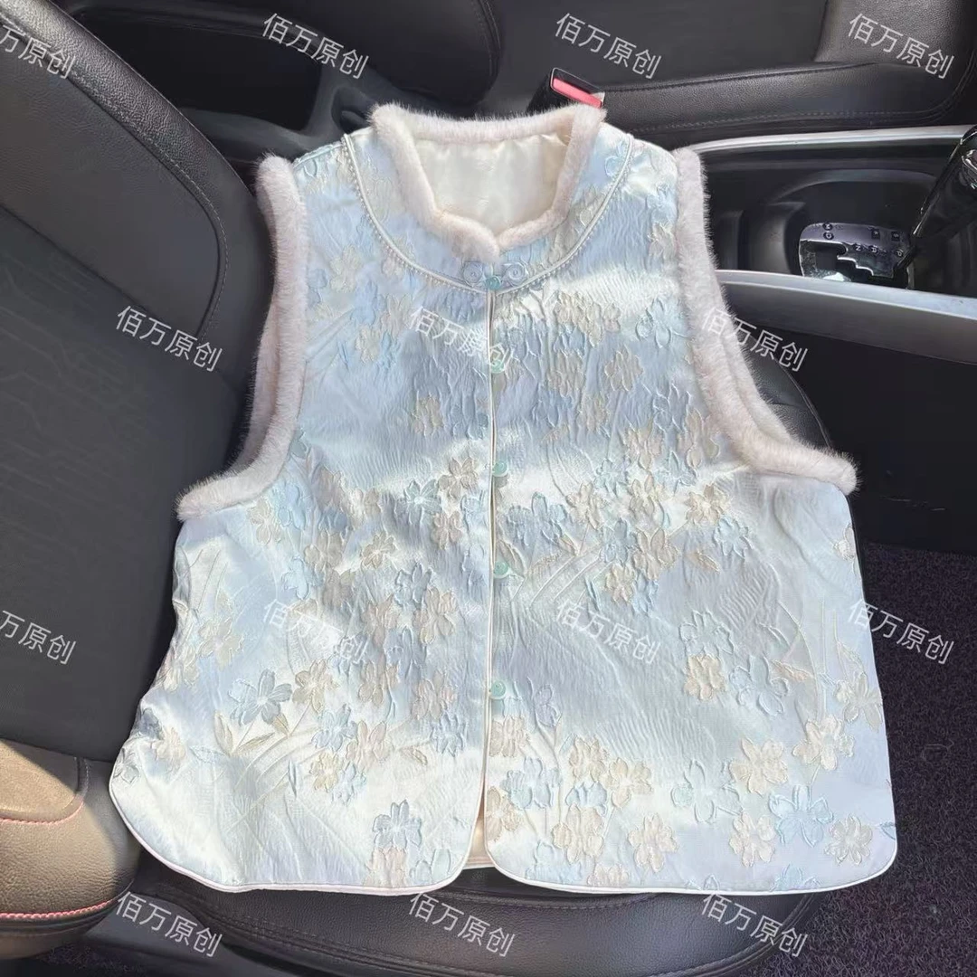 冬季新中式国风小清新双面双穿加棉加棉时尚洋气提花百搭马甲