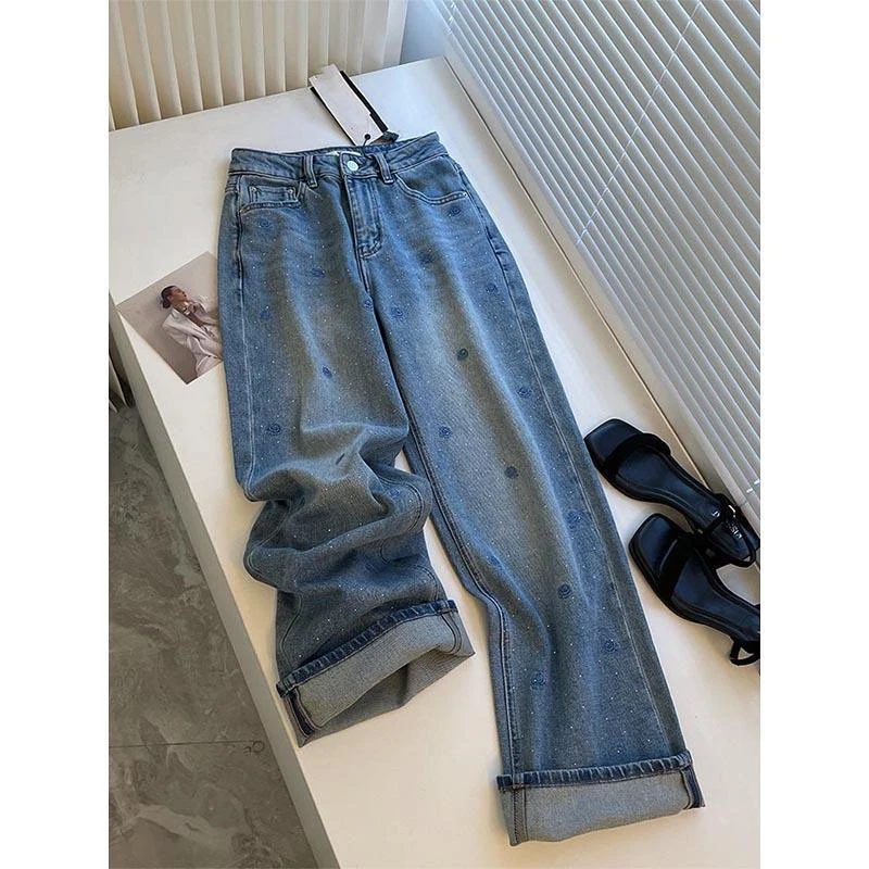 美式复古蓝色玫瑰刺绣烫钻牛仔裤2025新款高腰重工水洗显瘦直筒裤