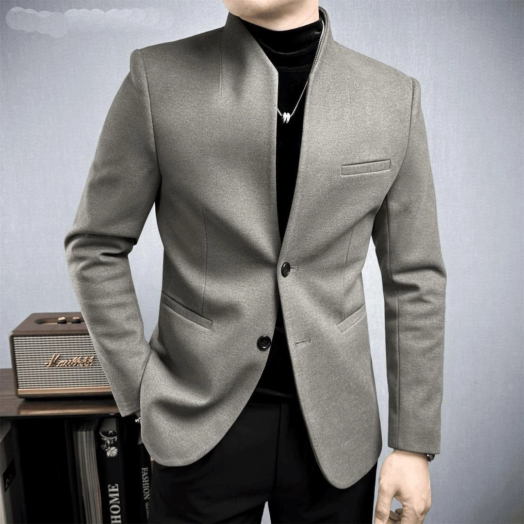 毛呢新中式西装套装男款正装秋冬款立领中山领中老年人西服高级感