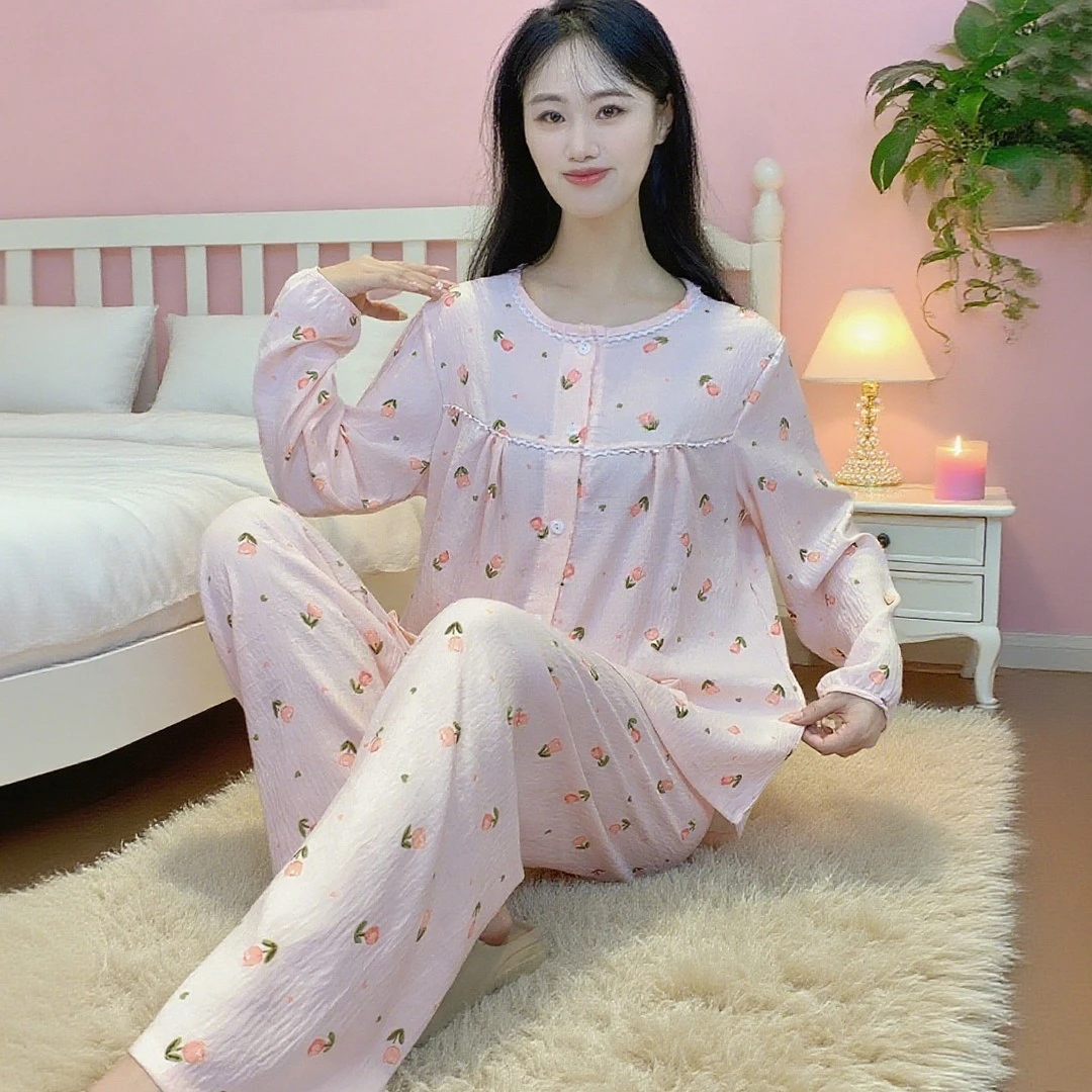 云朵棉睡衣女士2025新款春秋季长袖圆领大码可外穿家居服套装Y171