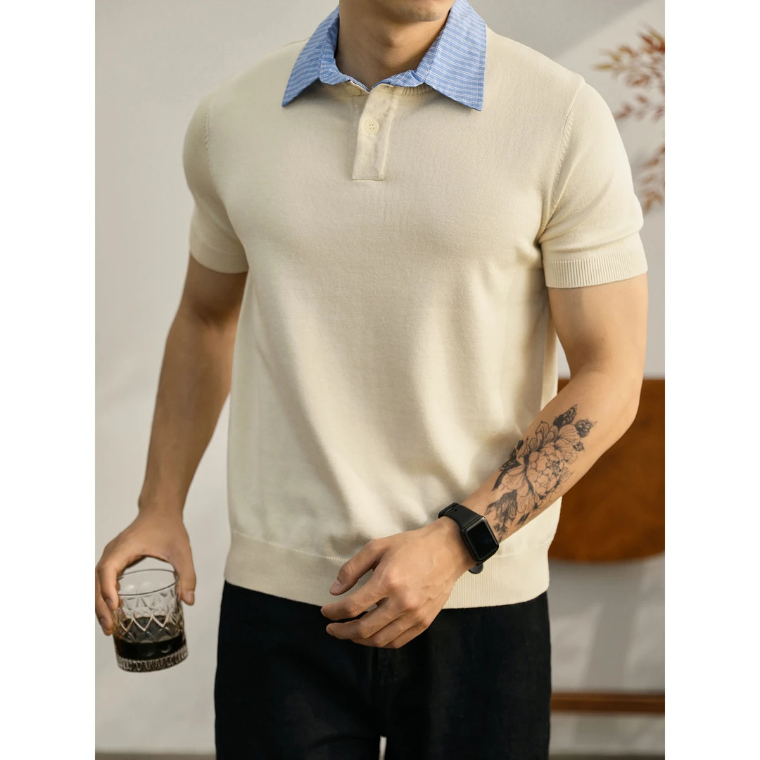 奥兰德保罗都市通勤针织衫短袖男士夏季拼接假两件休闲翻领Polo衫