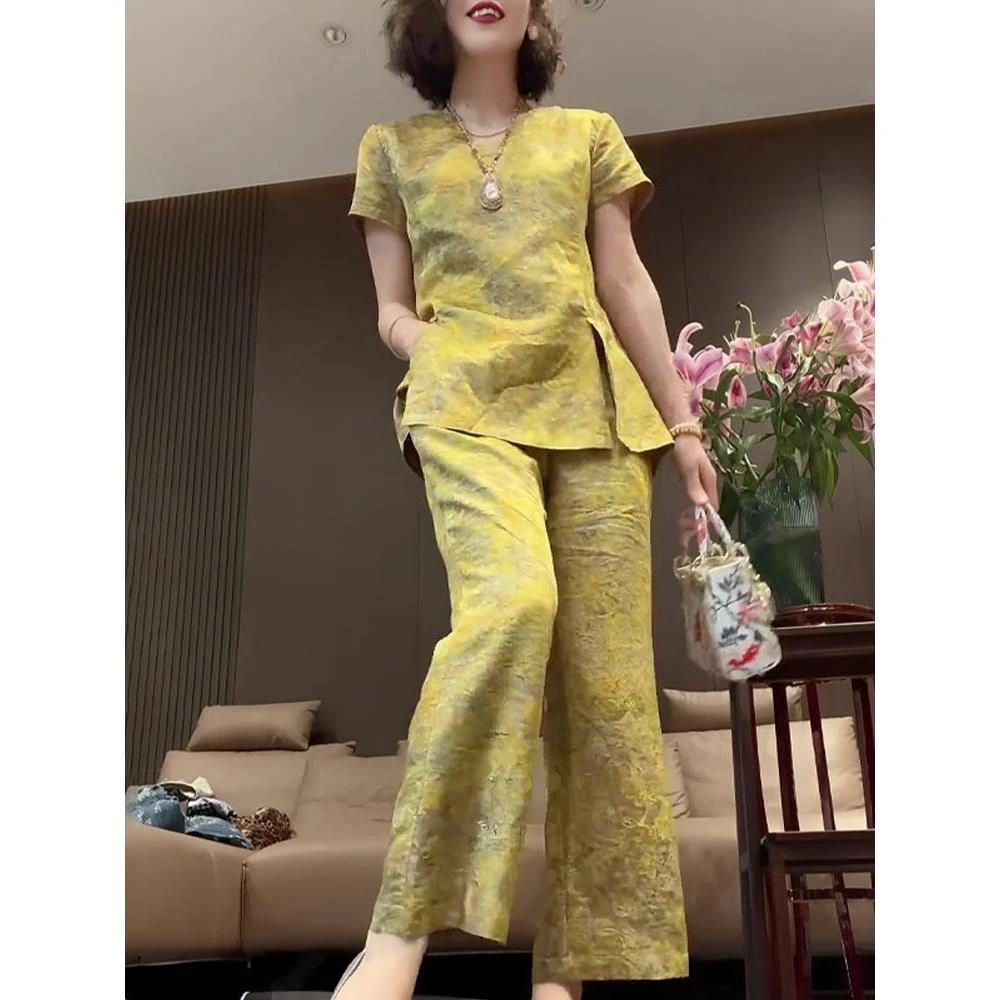 2025夏季新款女士新中式国风黄色套装盘扣洋气减龄上衣裤子两件套