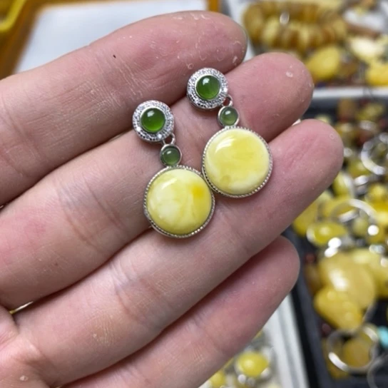 蜜蜡裸石银S925镶嵌耳钉