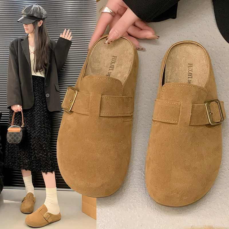 一脚蹬包头勃肯拖鞋2025秋冬季新款低跟半拖软皮踩屎感女勃肯拖鞋