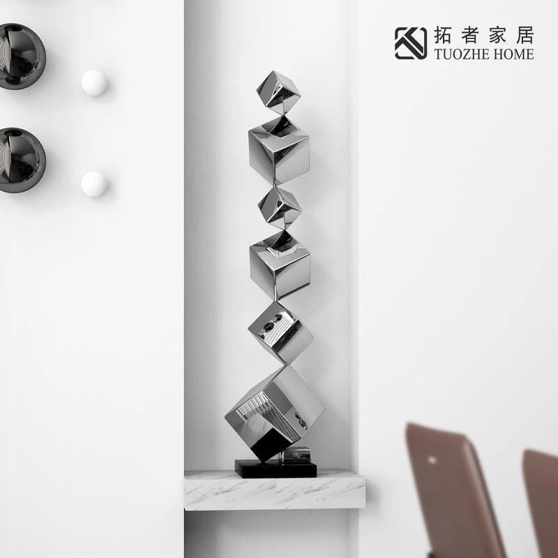现代轻奢落地雕塑艺术品几何不锈钢样板间酒店大堂玄关壁龛摆件