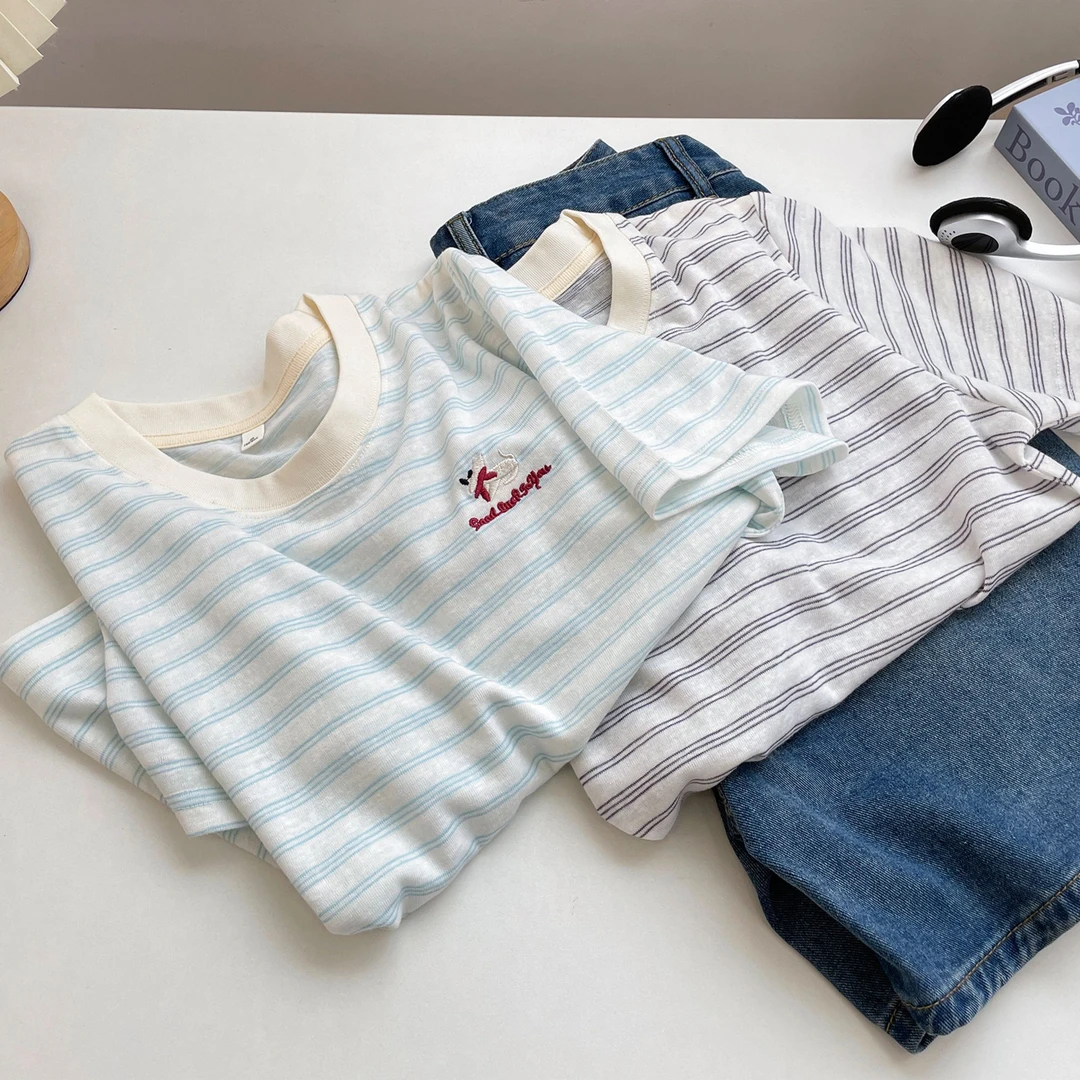 小清新撞色条纹刺绣T恤衫夏季薄款宽松大码短袖上衣甜美减龄女装