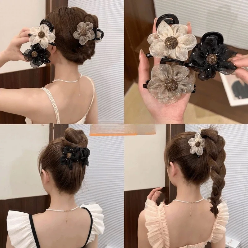 网纱太阳花2025年抓夹马尾丸子头抓夹气质百搭抓夹精致抓夹