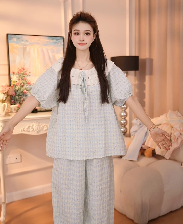 【盼汐】睡衣套装睡衣春秋长袖休闲家居服夏季薄款棉