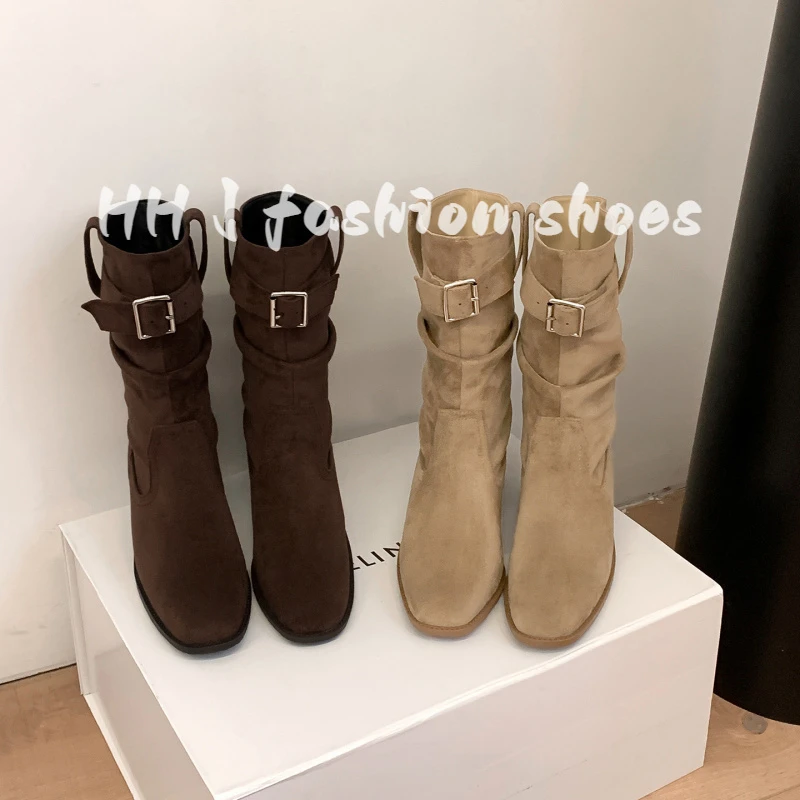 复古绒面粗跟美拉德中筒靴子女2025秋冬新款堆堆靴短靴西部马丁靴