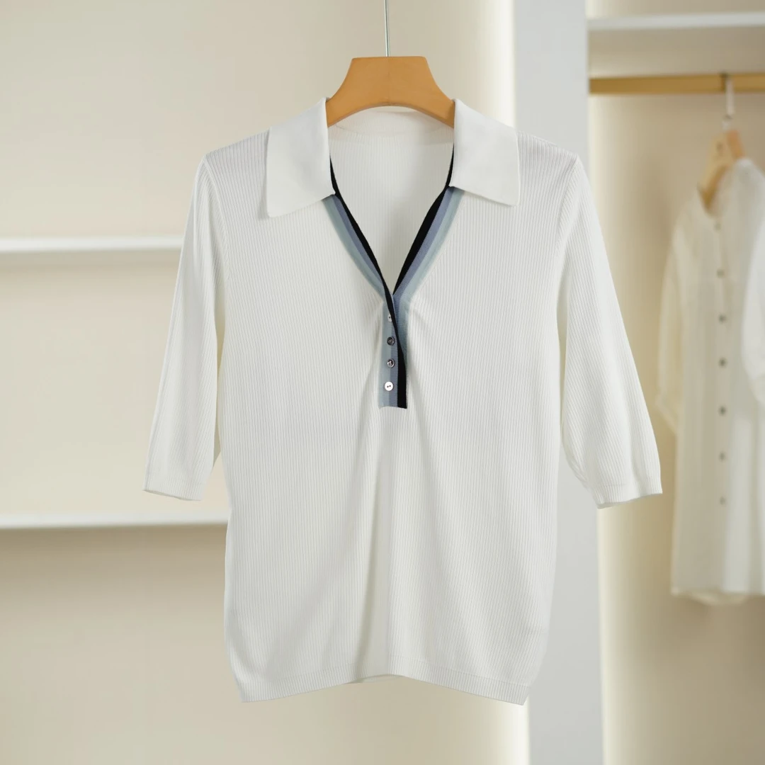 麦迪尚品【H】K438 夏简约时尚通勤百搭轻薄显瘦v领针织衫白