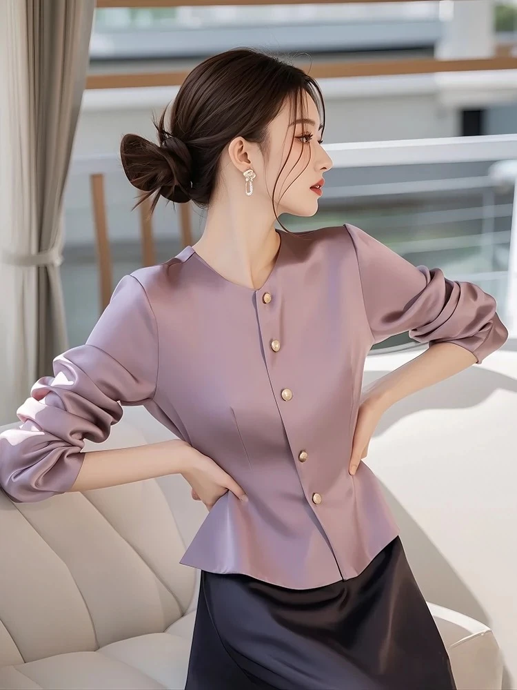春秋新款阔太太洋气高贵法式长袖气质上衣通勤紫色缎面收腰衬衫女