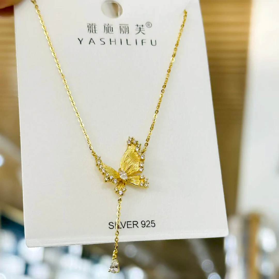 坠链均925银 b129雅施丽芙【拉丝灵蝶银项链】蝴蝶锁骨链s925银8043