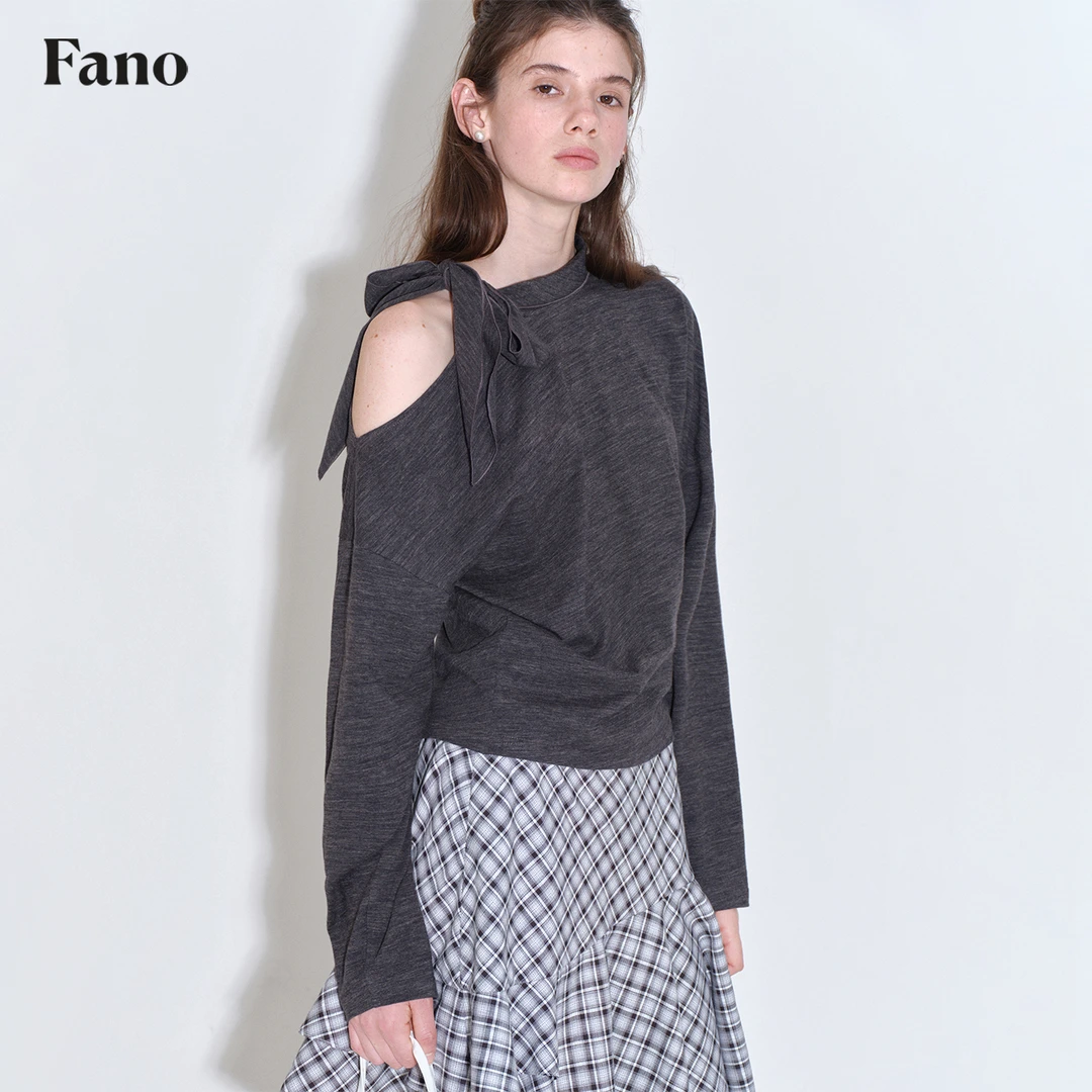 7.18上新 “肩部镂空领口系带 棉莱赛尔”杂色亲肤斜肩T恤FQ25S091