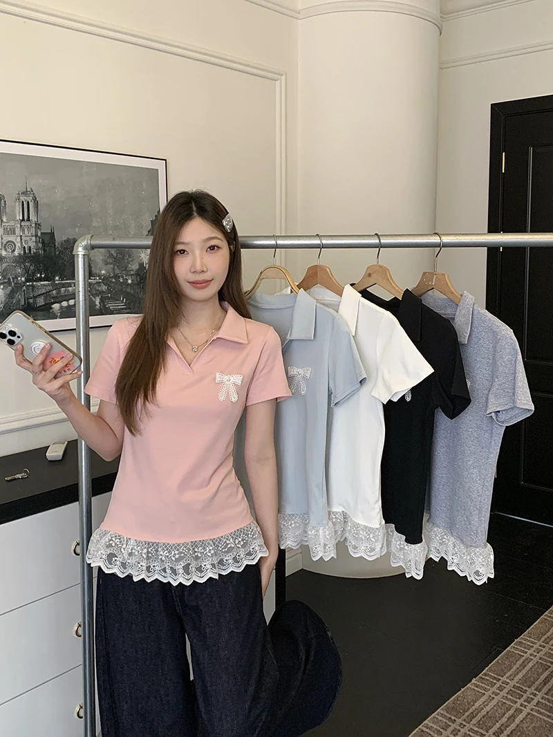 【圈圈】2025夏装新款胖mm大码女时尚polo领蕾丝蝴蝶结短袖T恤