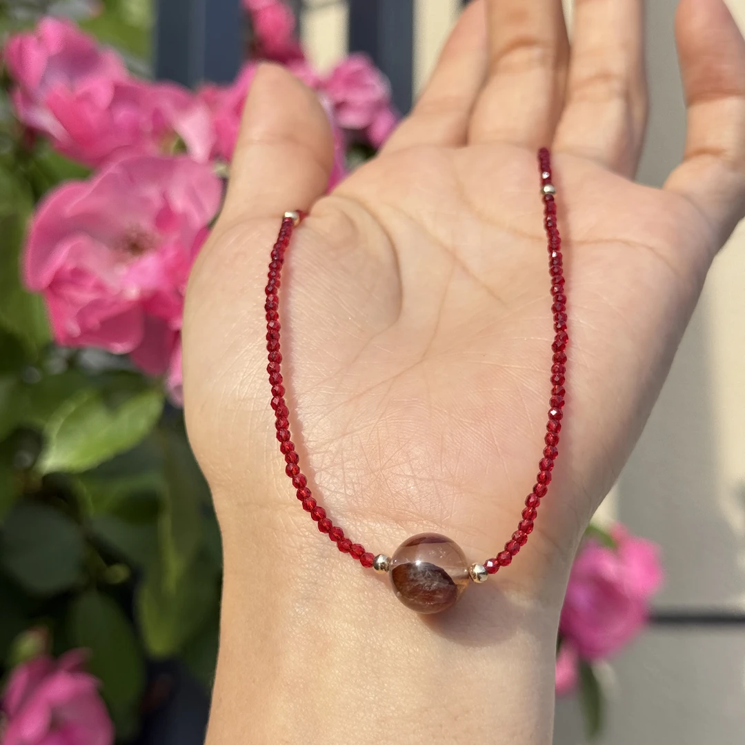 天然水晶红胶花单珠锁骨链项链颈饰时尚百搭