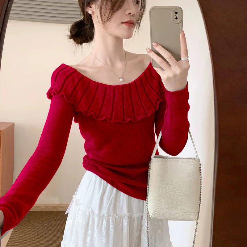 一字肩淑女上衣2025秋季新款娃娃领荷叶边甜美针织衫女