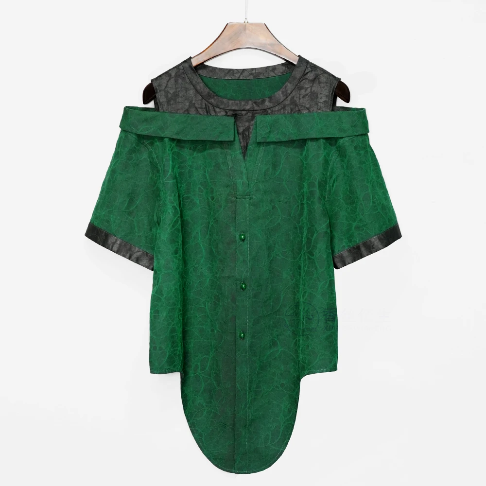 生如夏花！香云纱绿色提花气质时尚复古女士衬衫X3162