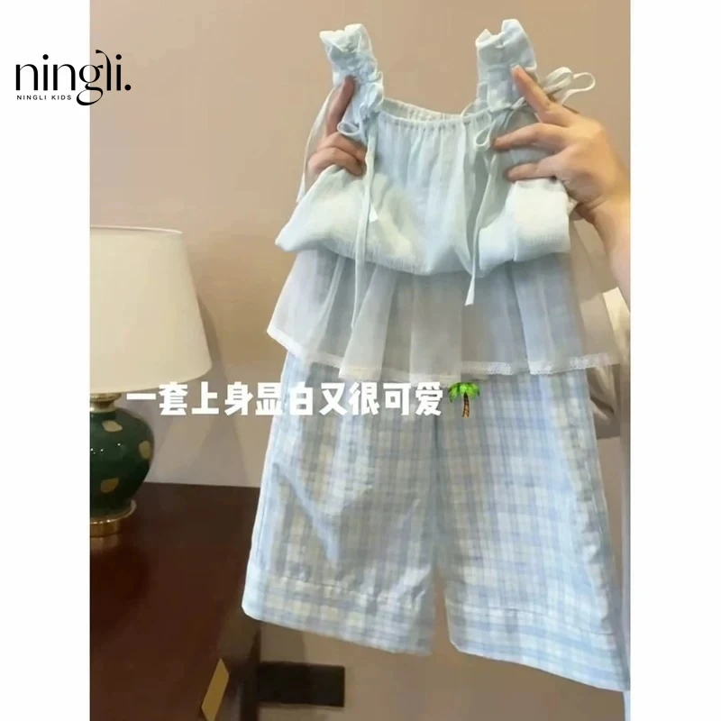 女童套装春季新款女宝清新度假风吊带上衣儿童屁帘格子休闲裤