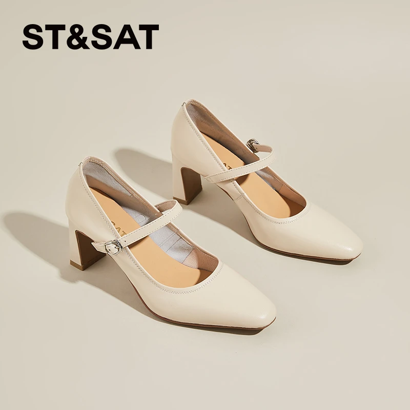 星期六黑色尖头浅口单鞋女2025夏季新款配裙子高跟鞋粗跟玛丽珍鞋
