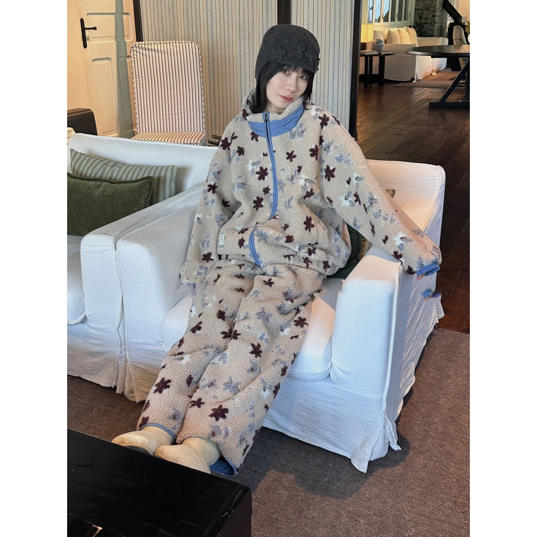 高级感穿搭珊瑚绒保暖睡衣女秋冬小立领开衫外套毛绒绒家居服套装