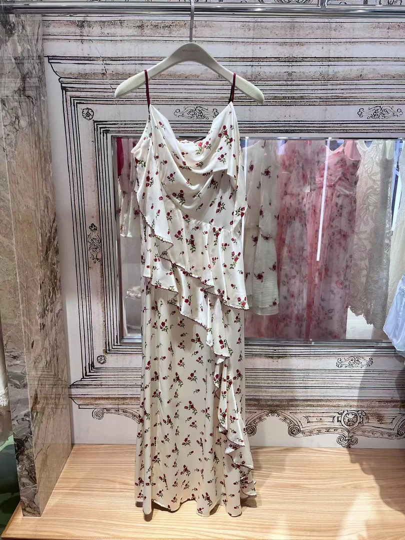 花颜春夏新款祝绪丹韩系淑女荷叶边吊带碎花中长款连衣裙