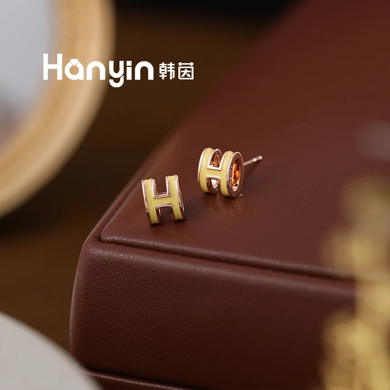 铜合金珐琅耳饰 925银针韩系时尚镂空立体H字母耳钉轻奢高级感AAA