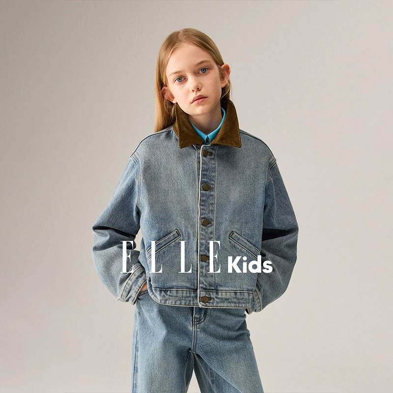 ELLE KIDS 童装经典复古休闲牛仔衣外套灯芯绒领水洗秋款时尚F3