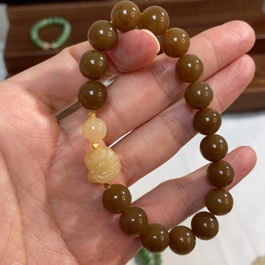 和田玉18K金镶嵌手链10mm且末糖深糖精品