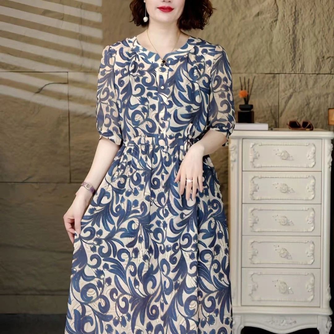 新款时尚显瘦连衣裙2025新款气质印花拼接中长款裙遮肚