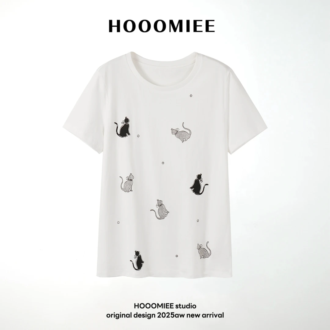 Hooomiee动物时尚白色T恤猫咪烫钻夏季女士休闲圆领短袖2025030