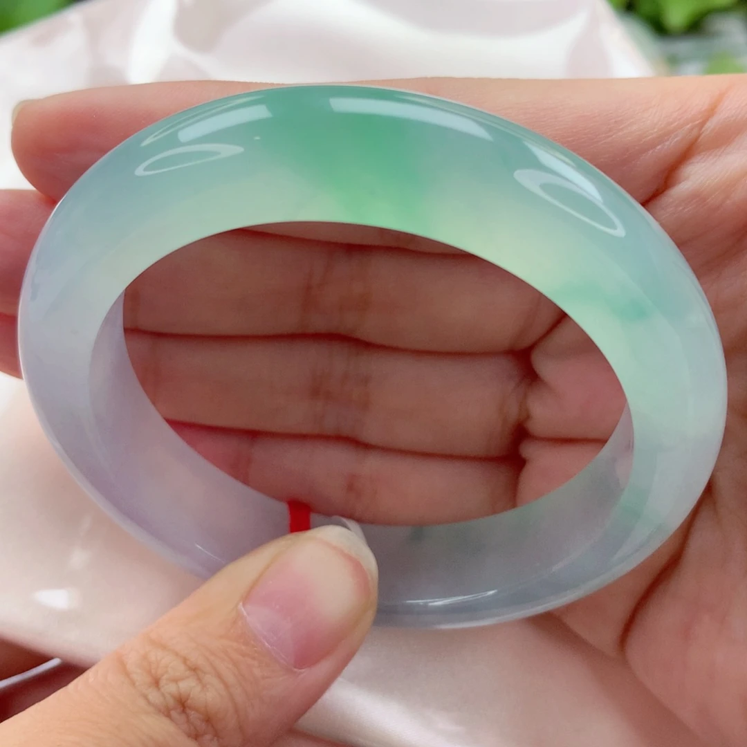 未镶嵌手镯翡翠54.5冰透飘绿 起光 梦中情镯 喵喵