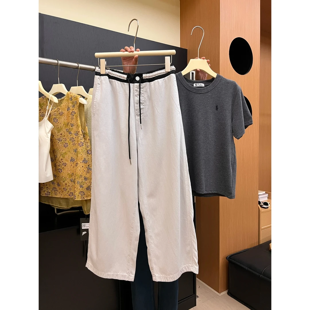 Q58松紧腰九分牛仔裤女夏季薄款高腰宽松休闲阔腿裤八分香蕉裤