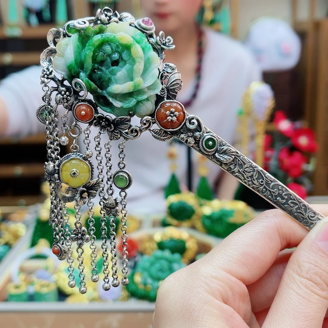 颈饰银S925镶嵌翡翠发簪48小时鉴赏期1