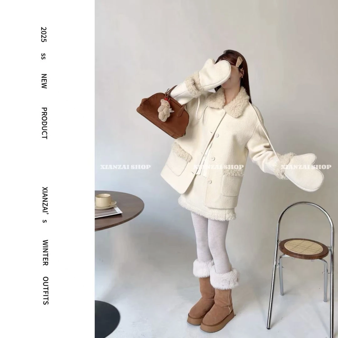 XIANZAI【雪绒宝宝】冬季新款韩系羊毛羽绒服外套短裙手套三件套装