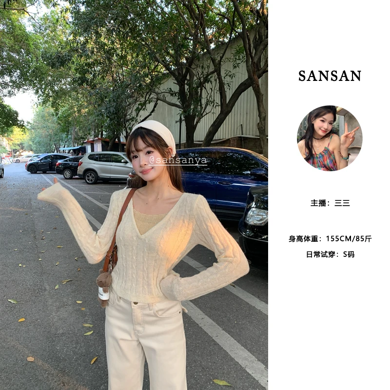 【三三】（清冷氛围）假两件麻花纹撞色短款薄款长袖针织衫