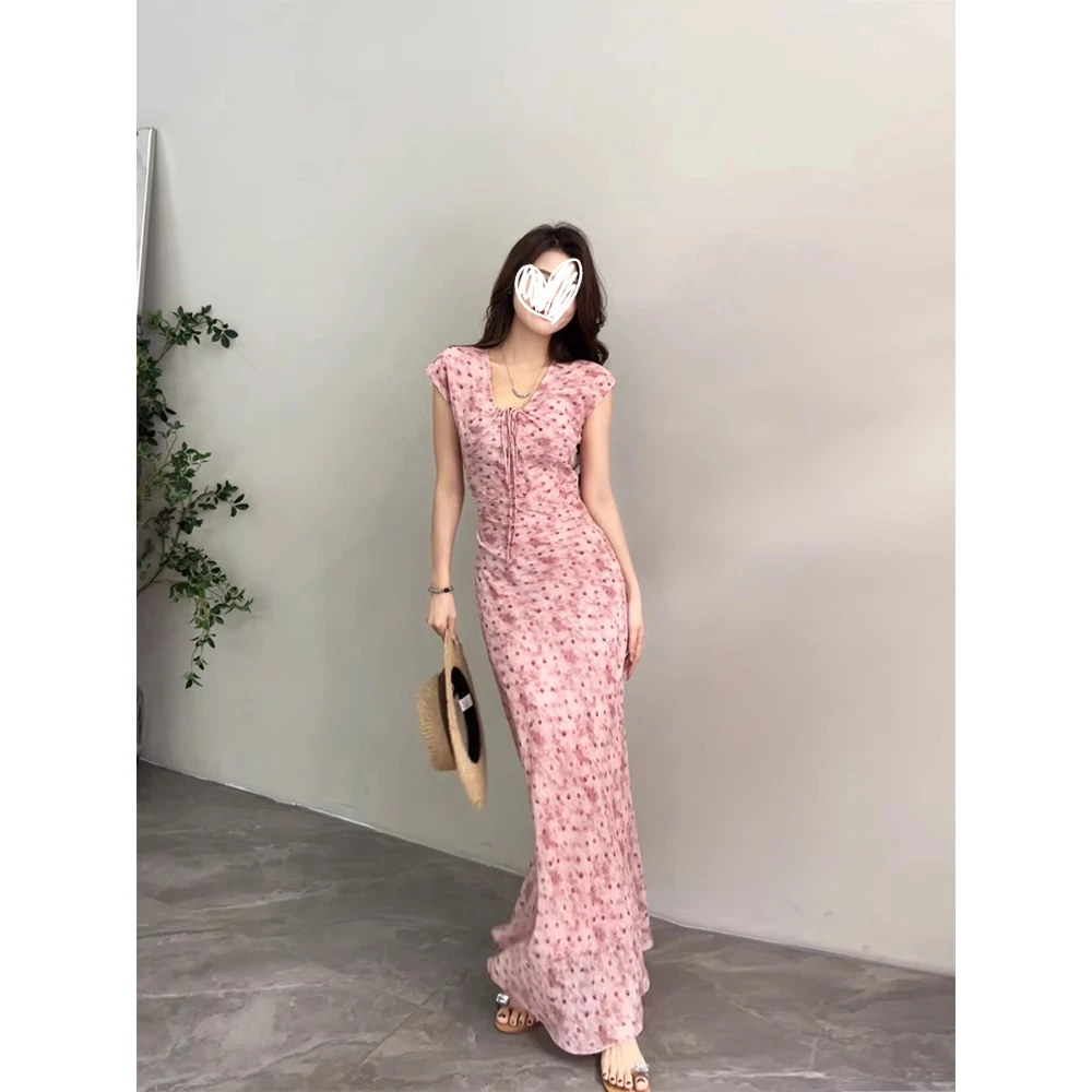 【颂宋】显瘦镂空领裙子短袖法式浪漫感温柔修身时尚连衣裙长款名媛