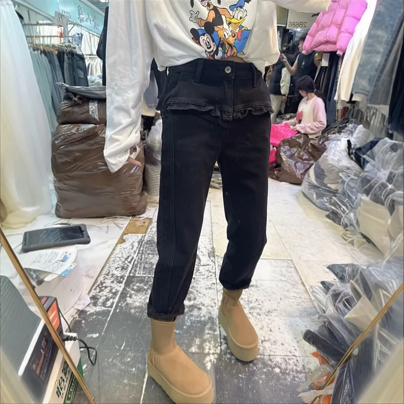 高腰大码女装弹力显瘦加绒直筒裤秋冬新款复古花边设计九分烟管裤