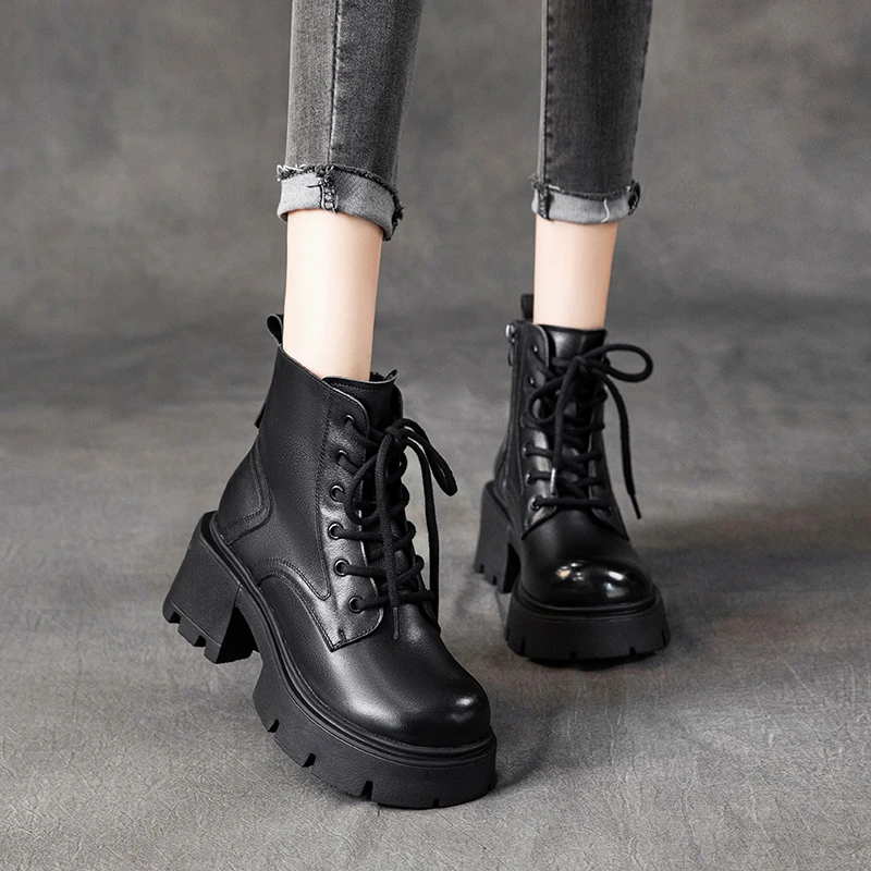 【黑桃骑士】头层牛皮马丁靴女2025秋冬季新款复古厚底系带短靴子女