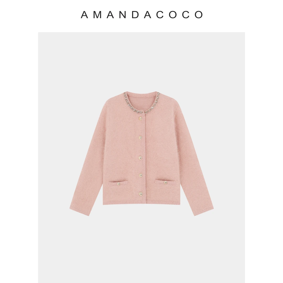 粉雾玫瑰～25秋冬轻奢高级感手工钉珠圆领绒感针织外套