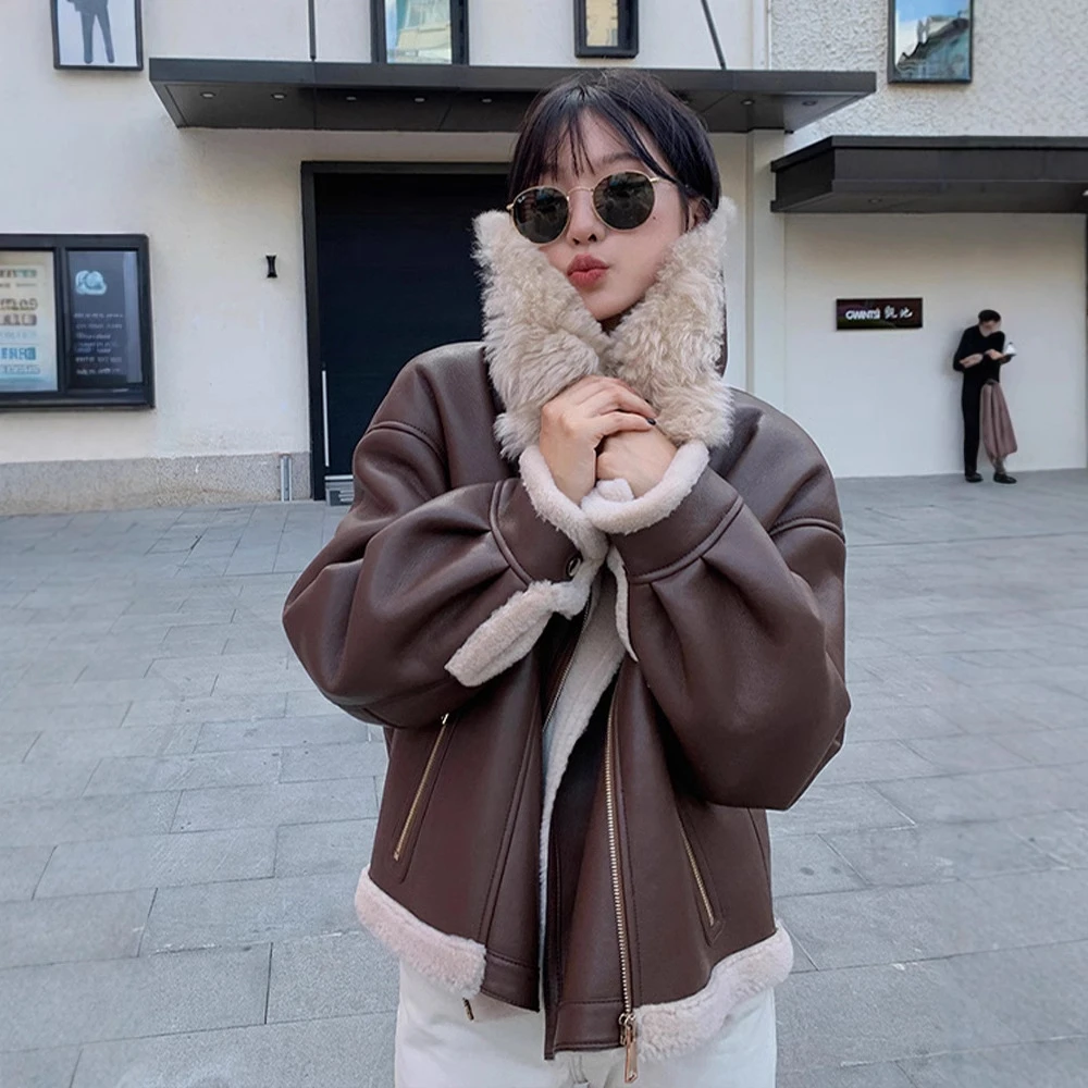 人造皮草 韩版机车风羊剪绒皮草女冬季新款宽松大翻领羊羔毛外套