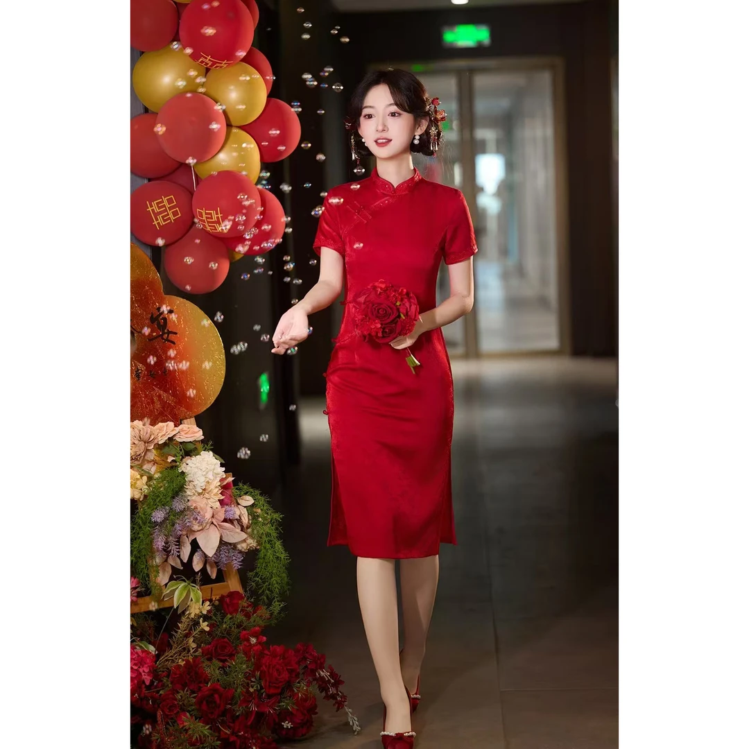 夏季新中式酒红色中长款旗袍小个子中国风礼服适合敬酒回门-蘇蕥