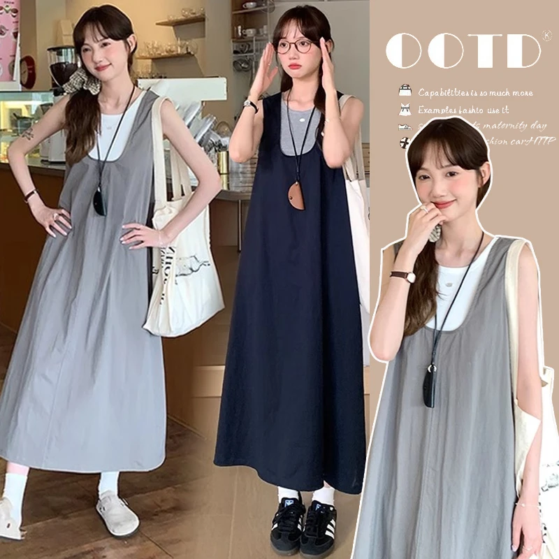 2025夏季新款设计感配无袖背心裙两件套韩系学院风简约孕妇套装